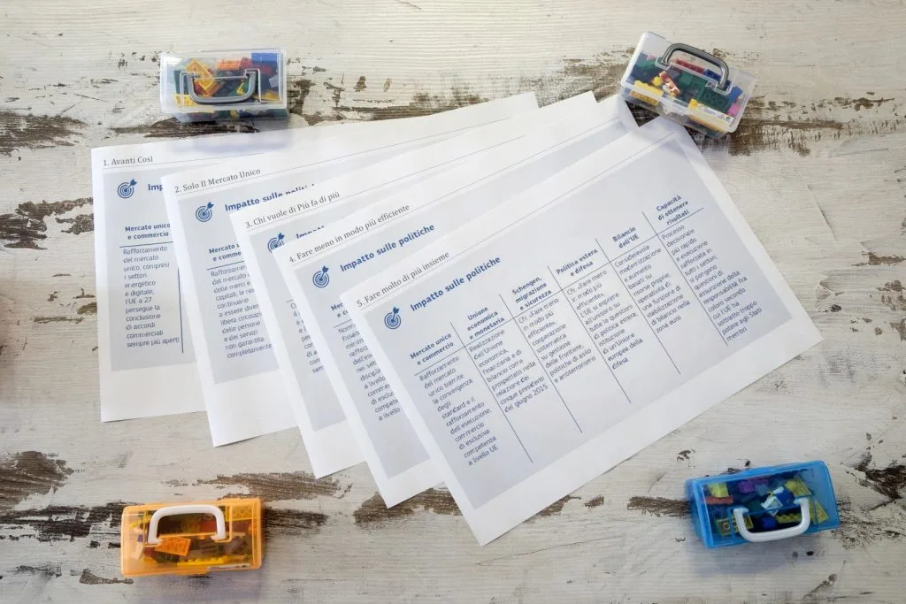 Paper sheets describing the five scenarios and individual boxes of Lego pieces.