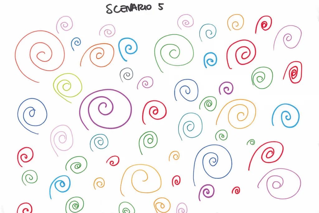 Hand drawn representation of scenario 5, only containing multiple identical swirls of different colors.