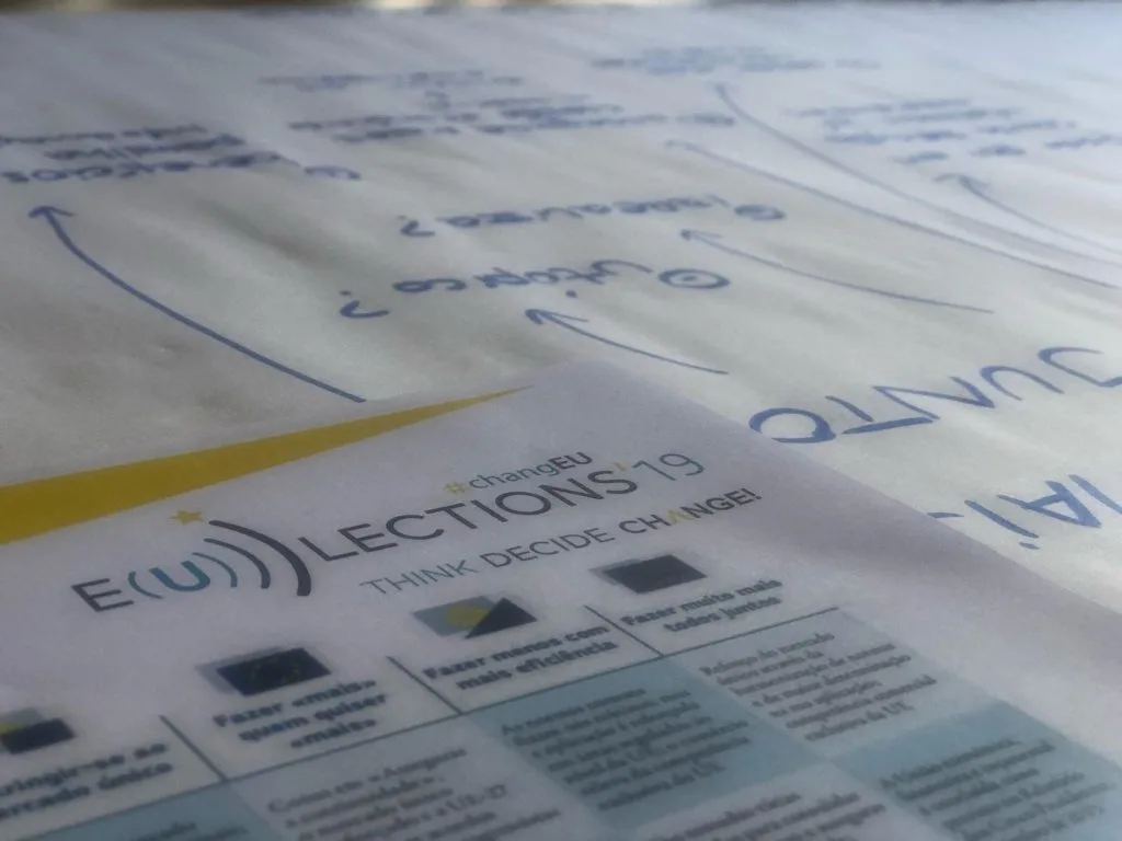 Detail of handwritten poster with a EUlections'19 paper describing the five scenarios over it, during the group activity  “White Paper on the Future of Europe: Reﬂections and scenarios for the EU27 by 2025”.