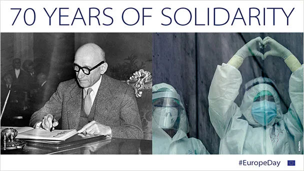 Montage of photo of two scientists and of Robert Schuman signing the European Convention on Human Rights, 4th of November, 1950.