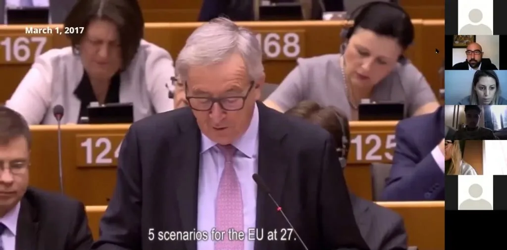 Videoconference still showing a video image of Jean-Claude Juncker giving a speech, with "5 scenarios for the EU at 27" in the subtitle