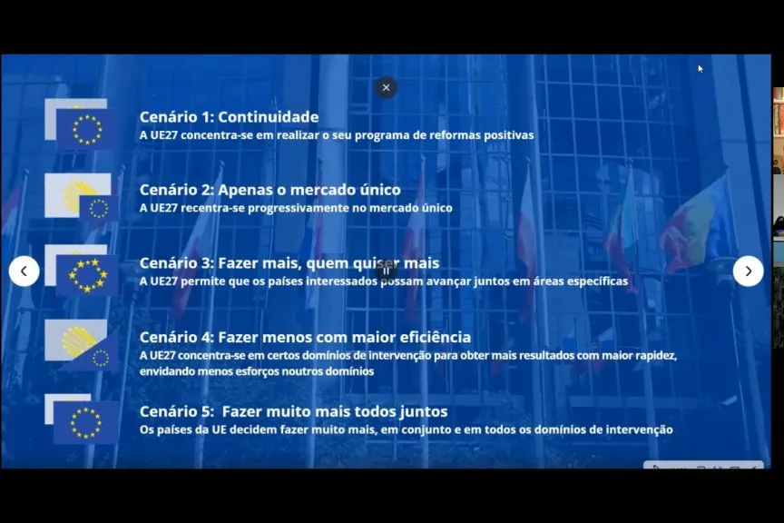 Videoconference still listing the five scenarios for the future of Europe.