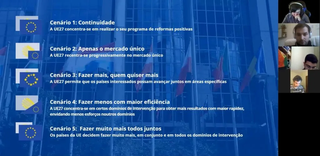 Videoconference still showing four participants and the description in portuguese of the five scenarios for the future of Europe.