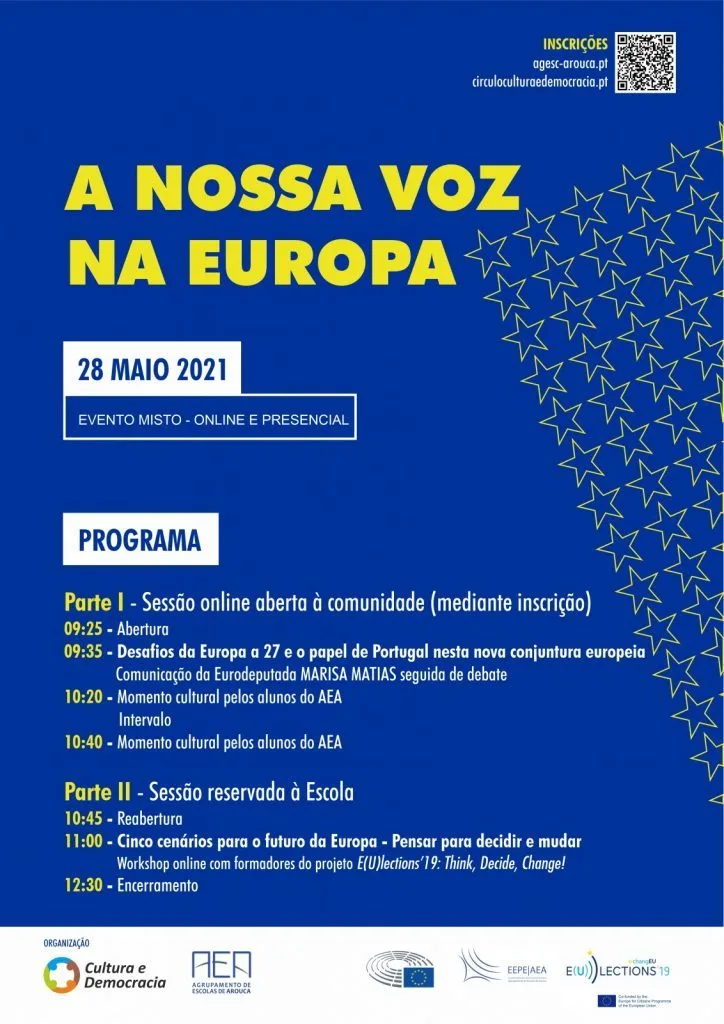 "Our Voice in Europe" Arouca event poster, showing a list of the activities, schedules and additional information on registration, partners and organization.