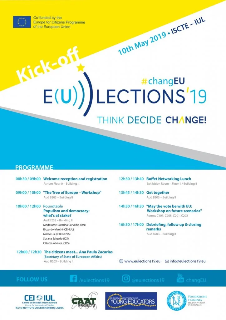 EUlections'19 10th May 2019 programme poster, with project logo, listing of activities and their schedule, logos of partners and contact information.