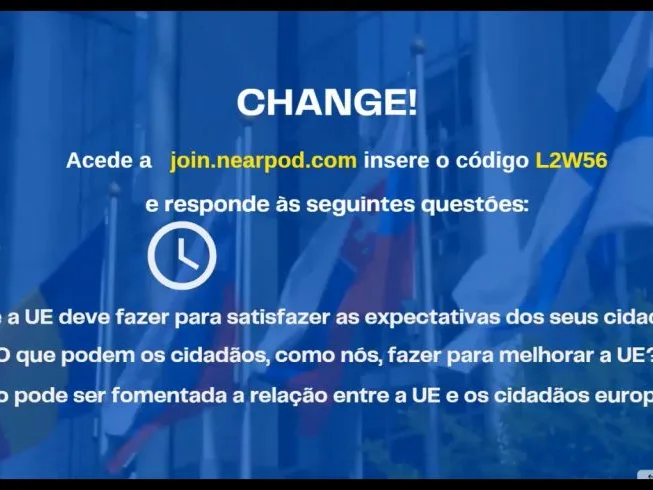 Videoconference still with the exclamation "Change!" and instructions for the participants to answer questions online.