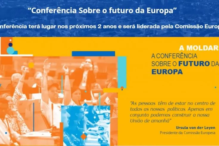 Videoconference still with diverse images and additional information on the "Conference on the Future of Europe".