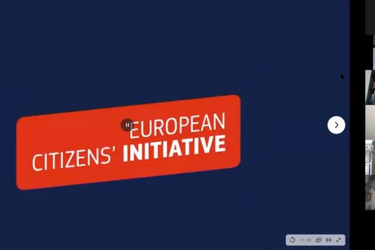 Videoconference still showing the words "European Citizen's Initiative" contrasting with a dark background.