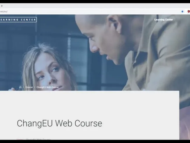 Videoconference still of a image of two people talking and the words "ChangEU Web Course" over it.