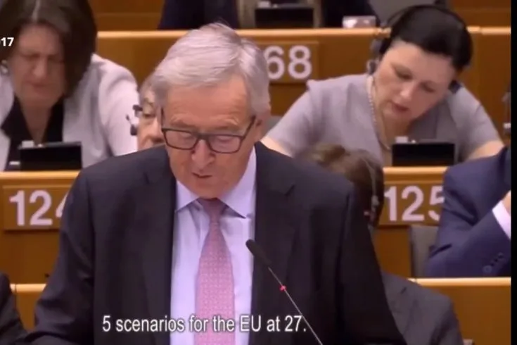 Videoconference still of a video of Jean-Paul Juncker giving a speech, with "5 scenarios for the EU at 27" in a subtitle.
