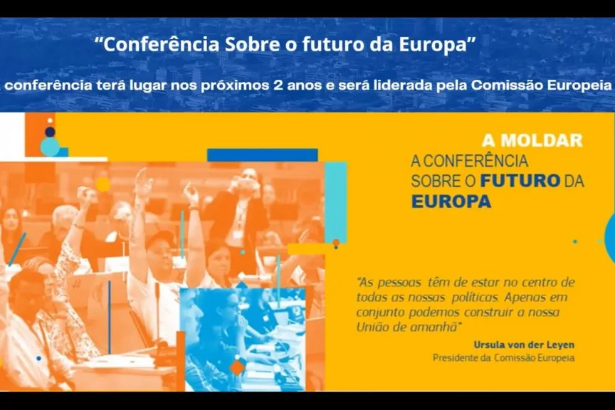 Videoconference still on the "Conference on the Future of Europe", with a collage of diverse images and additional information.