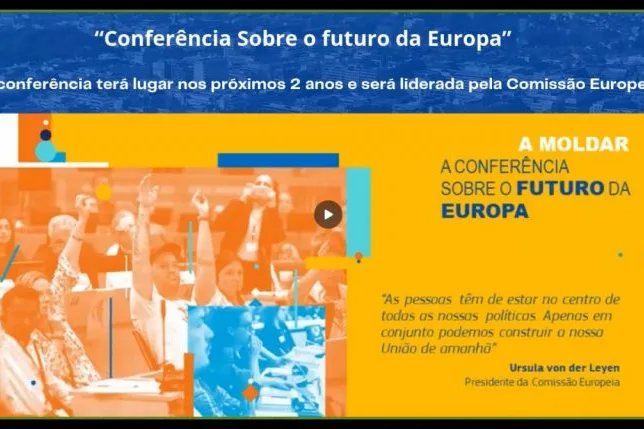 Videoconference still on the "Conference on the Future of Europe", with a montage of diverse images and additional information on the Conference in portuguese.