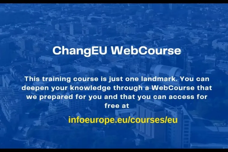 Videoconference still with the words "ChangEU Webcourse", additional information and a link to the course.