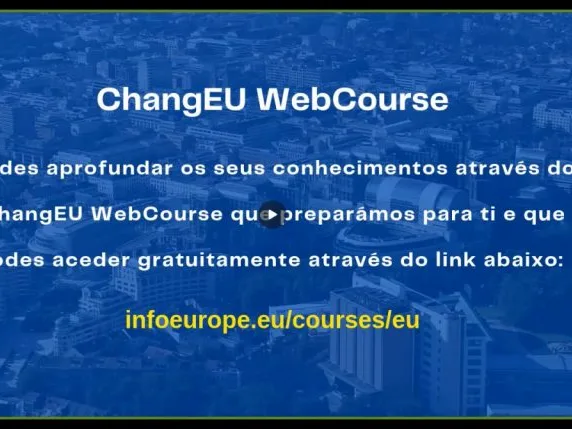 Videoconference still showing the words "ChangEU WebCourse", with additional information in portuguese and a link to the course.