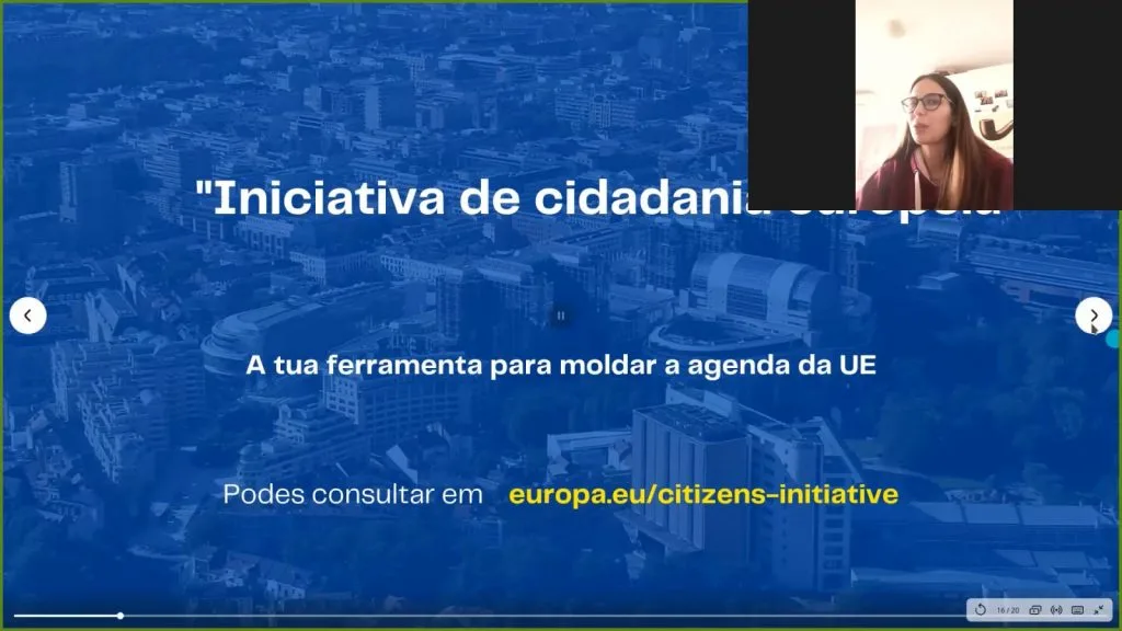 Videoconference still where it is shared the link for the European Citizen's Initiative, showing a representative speaking.