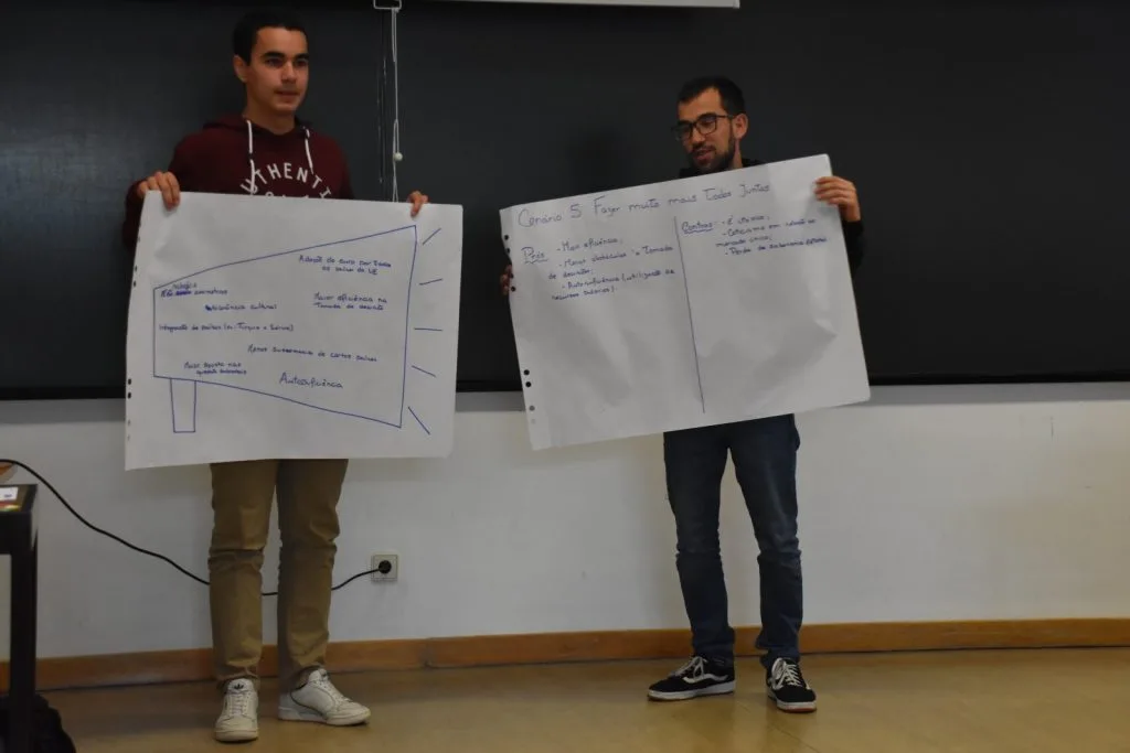 Two students presenting their handwritten posters.