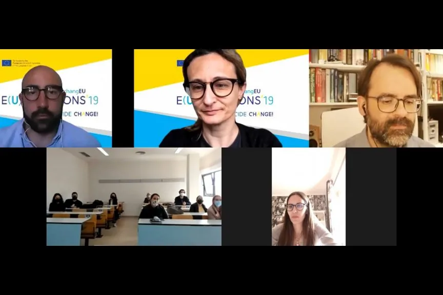 Videoconference still of the collected images of the representatives and the classroom of students participating on the online workshop.