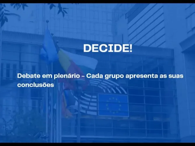 Videoconference still showing the words "Decide! Plenary debate - each group presents their conclusions" in portuguese.