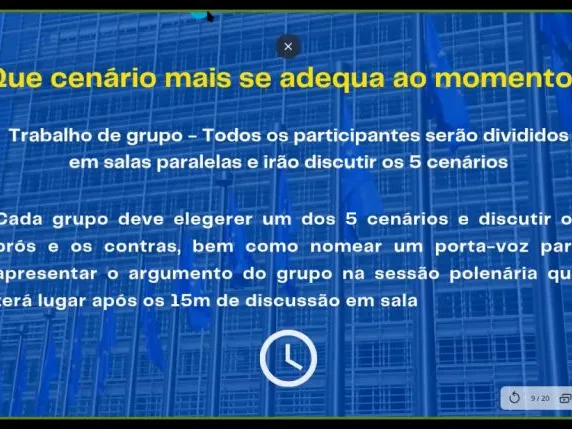 Videoconference still showing the question "Which scenario is more adequate at the moment?" in portuguese, with instructions for the participants for the group discussion activity.