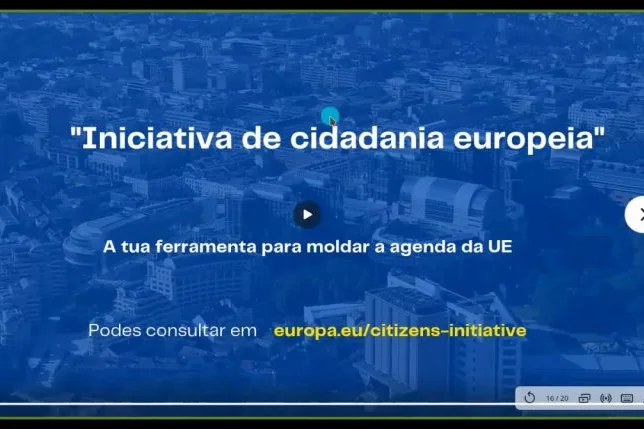 Videoconference still with the words "European Citizen's Initiative - Your tool to mold the EU's agenda" in portuguese, with a link to its official website.