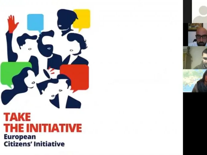 Videoconference still showing four participants and a graphic poster representing people with the words "Take the Initiative - European Citizen's Initiative" under the image.