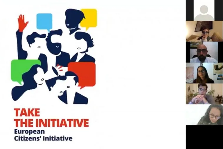 Videoconference still showing six participants and the European Citizen's Initiative poster, with a graphic representation of people and speech baloons above the words "Take the initiative" and its name.