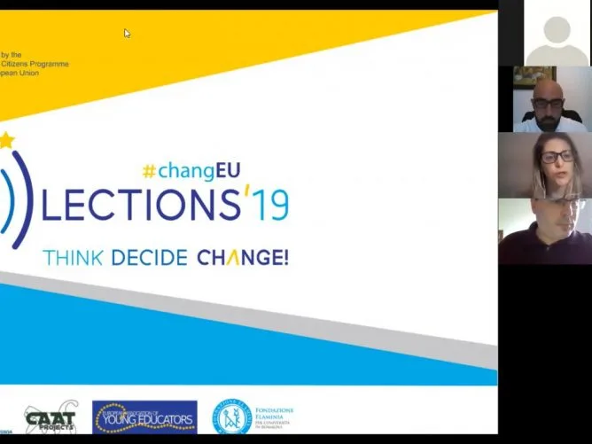 Videoconference still showing four participants and the project and partner's logos.