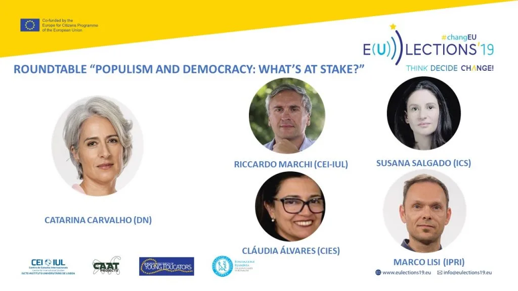 Poster for the roundtable event "Populism and Democracy: What's at Stake?", with the project and partner logos and the pictures and names of the participants in the center.