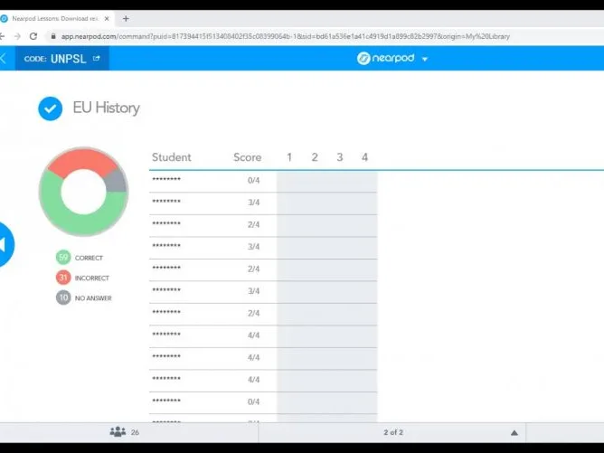 Videoconference still showing a circular graph and quiz results.