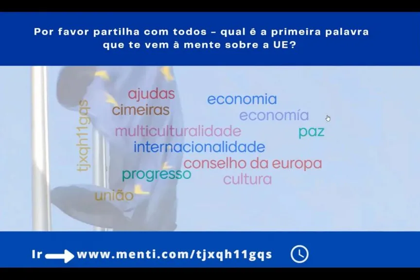 Videoconference still of the multi-colored word cloud, showing words like "internationality", "Council of Europe", "multiculturality", "peace" or "progress".