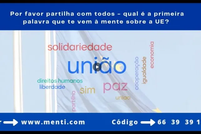 Videoconference still of the multi-colored word cloud, with words like "union", "peace" and "solidarity" standing out.