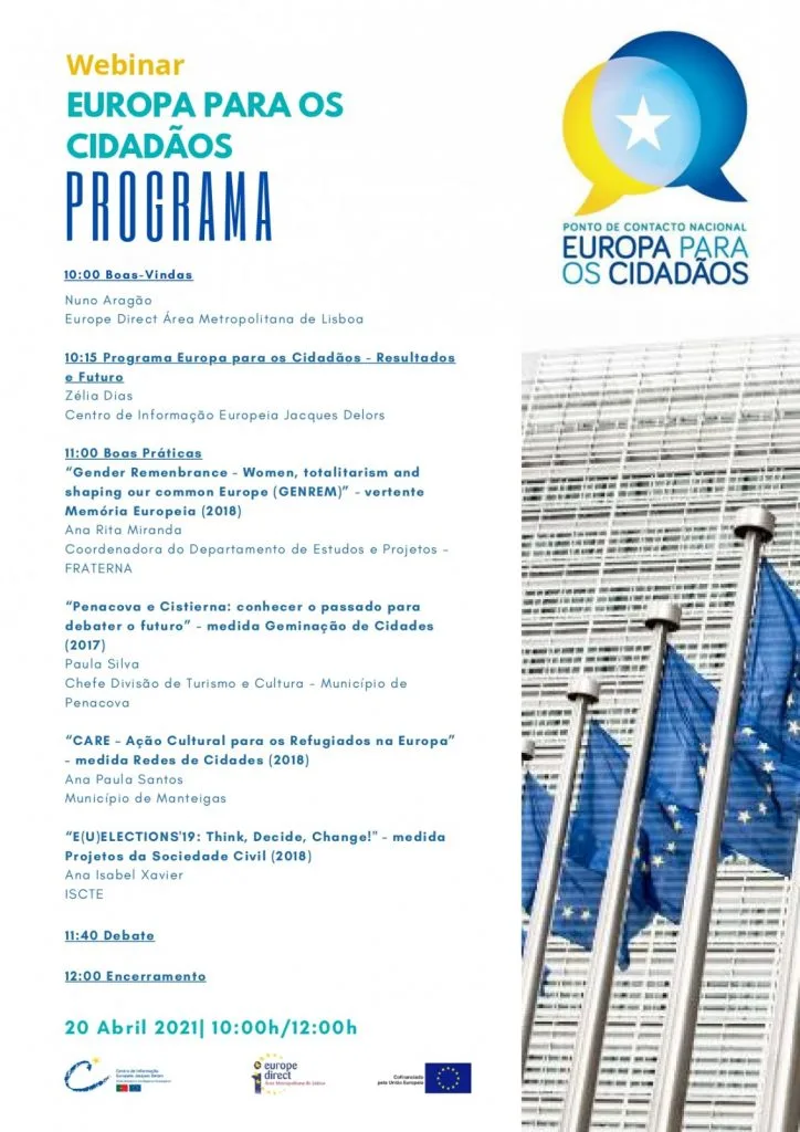 "Europe for the Citizens" Webinar program poster, with full listed details on activities and schedules, beside the image of multiple hasted European Union flags aligned against the backdrop of a building facade.