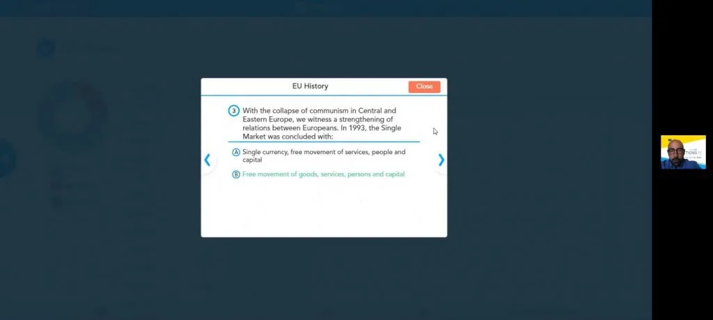 Videoconference still of a quiz question and answer options.