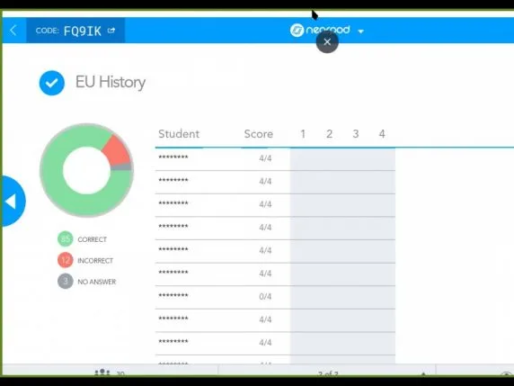 Videoconference still showing a circular graph and answer results to the quiz on European Union history.
