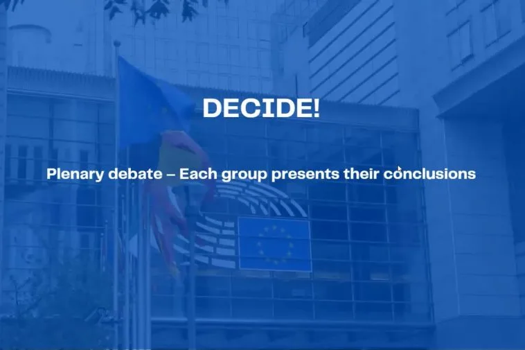 Videoconference still with the words "Decide! Plenary debate - Each group presents their conclusions".