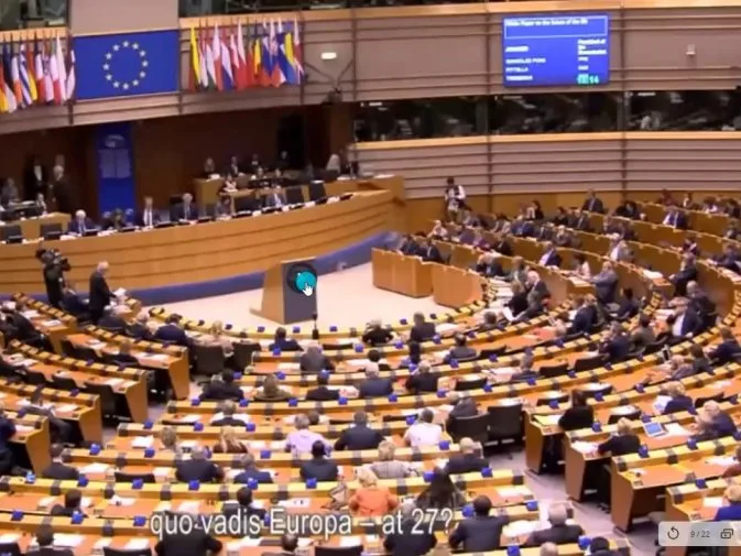 Videoconference still showing a meeting in the european parliament.