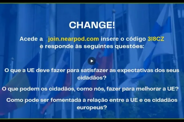 Videoconference still showing the exclamation "Change!" along with instructions for the participants on how to answer the three referred questions online.