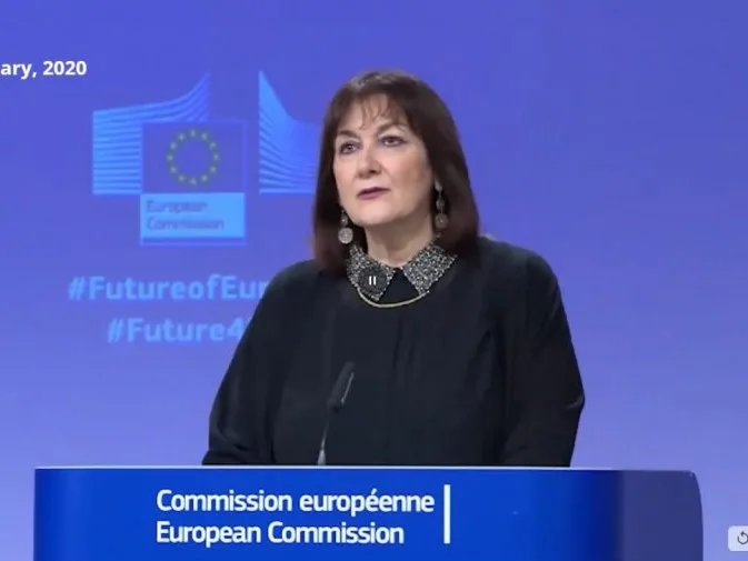 Videoconference still of a video image showing Dubravka Šuica giving a speech during the Conference for the Future of Europe.