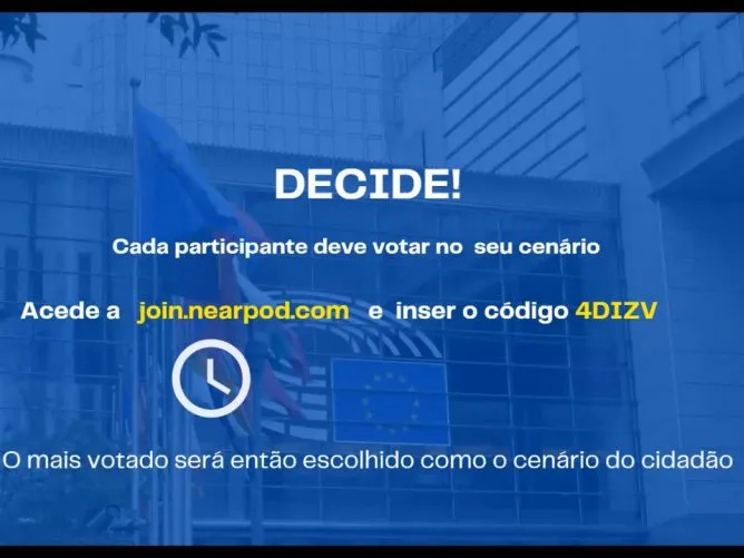 Videoconference still showing the words "Decide! Each participant should vote on their scenario" in portuguese, with instructions to do it.