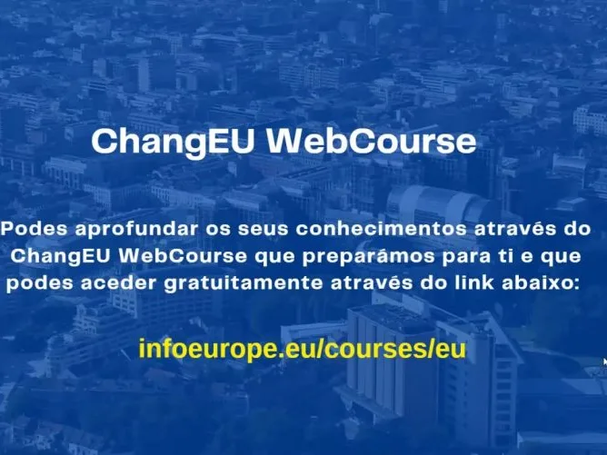 Videoconference still showing the words "ChangEU Webcourse" and a brief description in portuguese.
