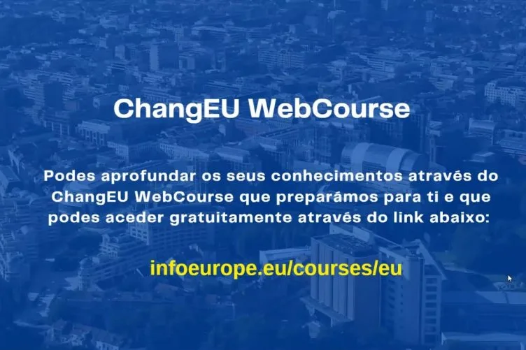 Videoconference still announcing the ChangEU WebCourse, with additional information and a link to the course.